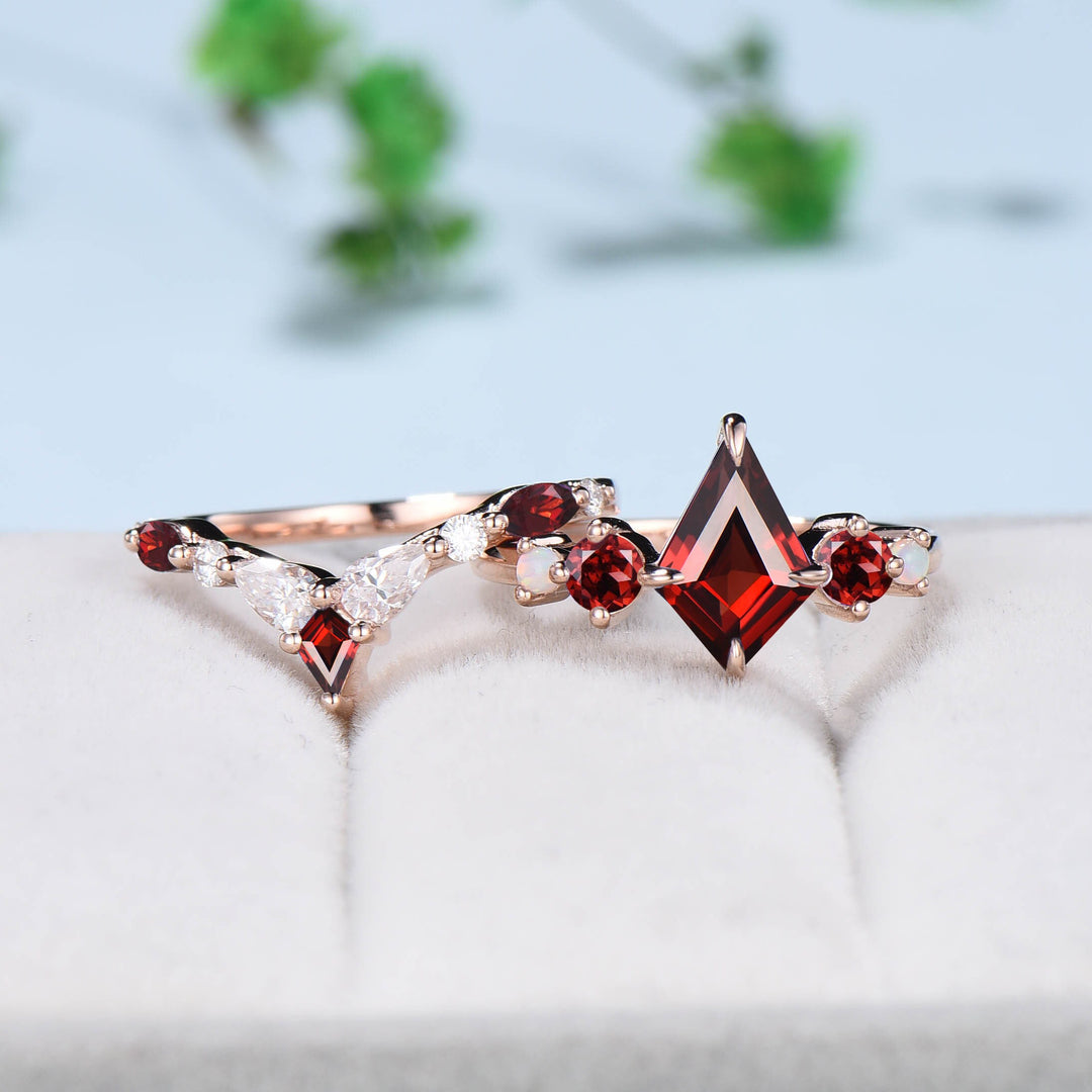 Vintage Kite Cut Garnet Ring Unique Five Stone Red Garnet Engagement Ring Set Unique Art Deco Opal Moissanite Stacking Bridal Set Women Gift - PENFINE