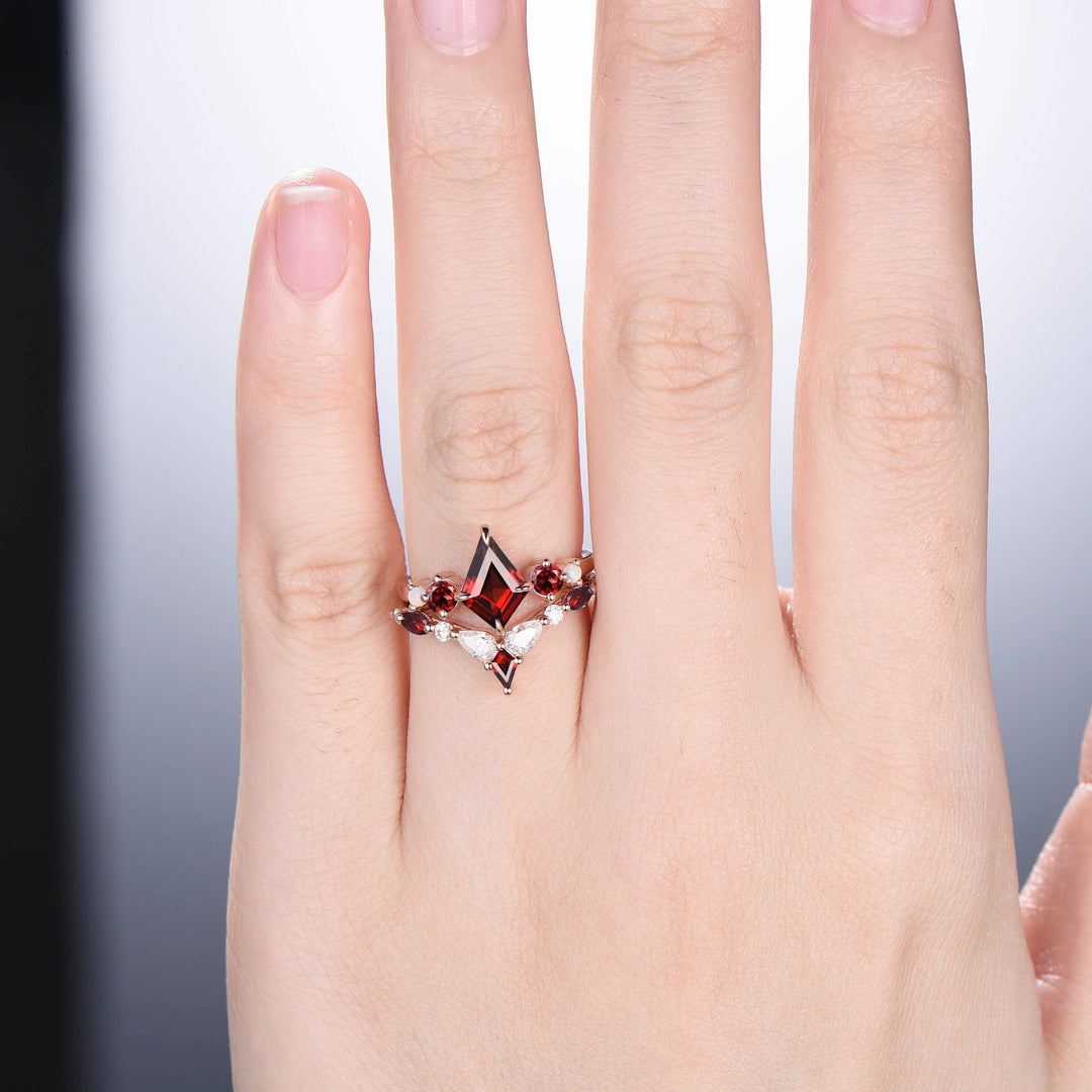 Vintage Kite Cut Garnet Ring Unique Five Stone Red Garnet Engagement Ring Set Unique Art Deco Opal Moissanite Stacking Bridal Set Women Gift - PENFINE