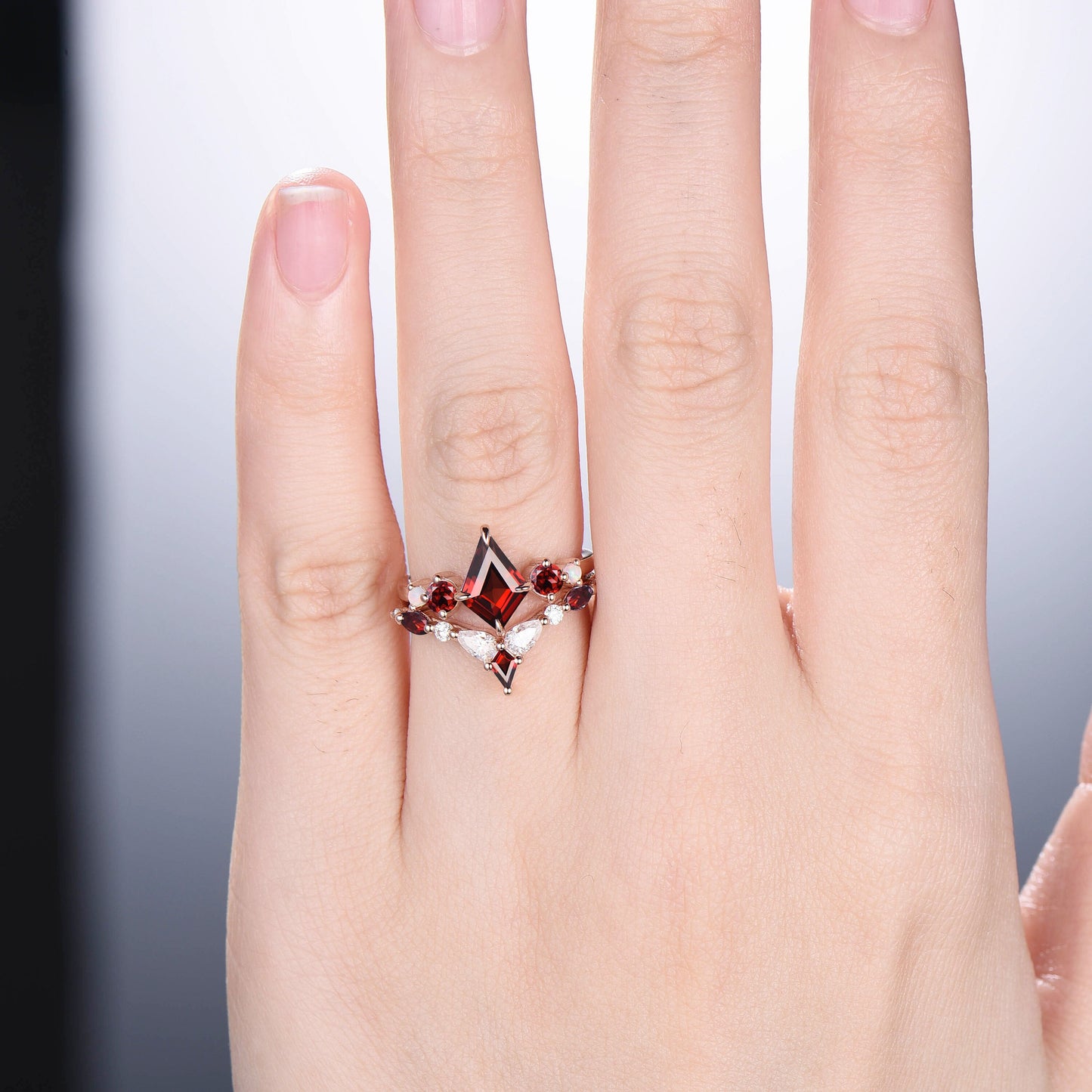 Vintage Kite Cut Garnet Ring Unique Five Stone Red Garnet Engagement Ring Set Unique Art Deco Opal Moissanite Stacking Bridal Set Women Gift - PENFINE