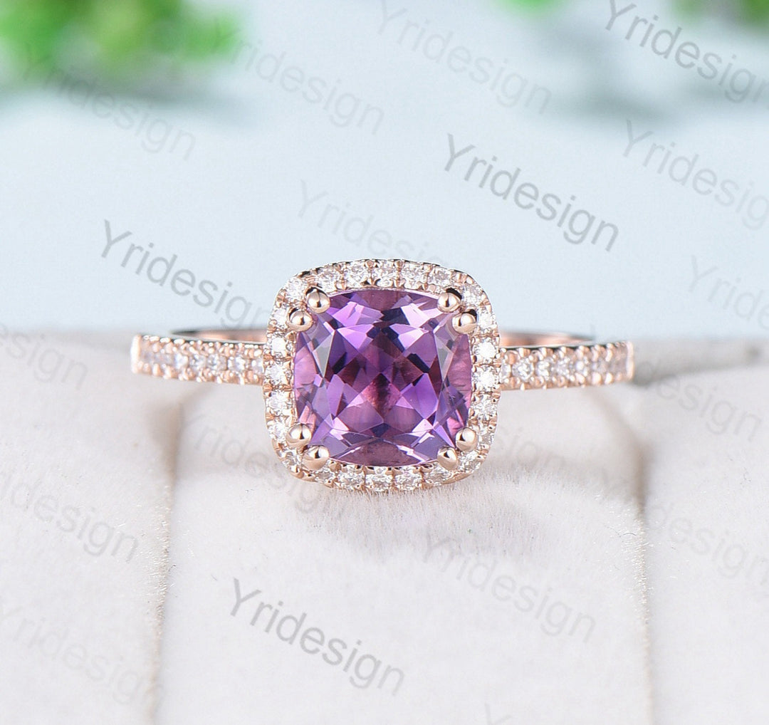 Cushion cut amethyst wedding ring set 14k rose gold vintage antique amethyst engagement ring set for women Art deco halo diamond bridal set - PENFINE