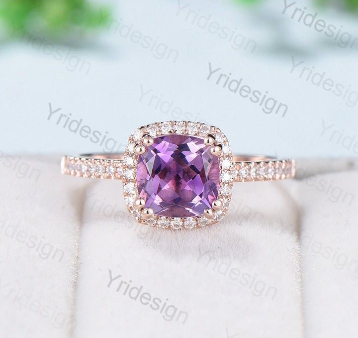 Cushion cut amethyst wedding ring set 14k rose gold vintage antique amethyst engagement ring set for women Art deco halo diamond bridal set - PENFINE
