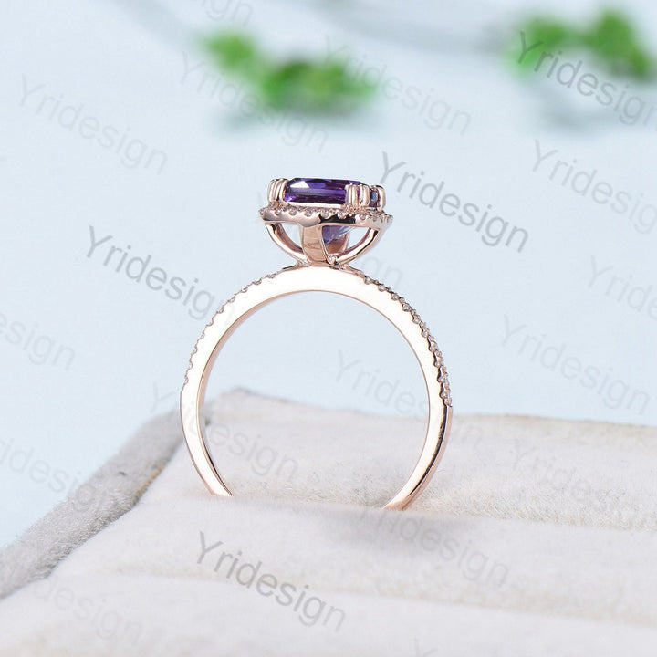 Cushion cut amethyst wedding ring set 14k rose gold vintage antique amethyst engagement ring set for women Art deco halo diamond bridal set - PENFINE
