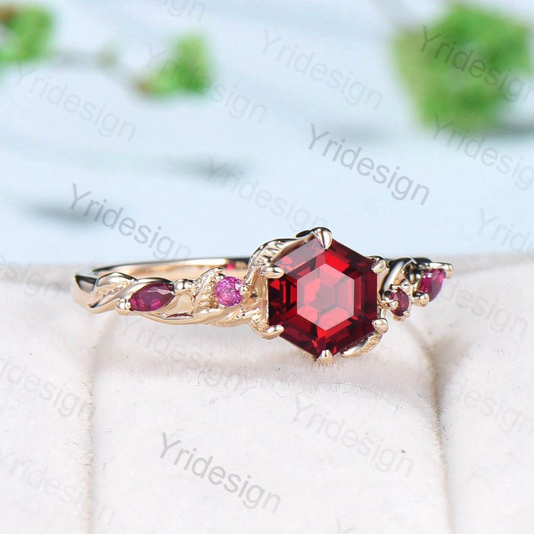 Vintage Red Ruby Ring Hexagon Cut Retro leaf Engagement Ring 5 Stone Unique Women Bridal Ring Rose gold nature inspired anniversary ring - PENFINE