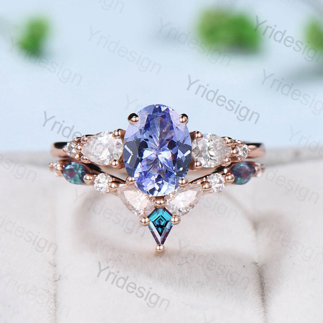 Vintage Oval Tanzanite engagement ring set unique moissanite alexandrite wedding set crown art deco stacking band Bridal Promise ring Women - PENFINE