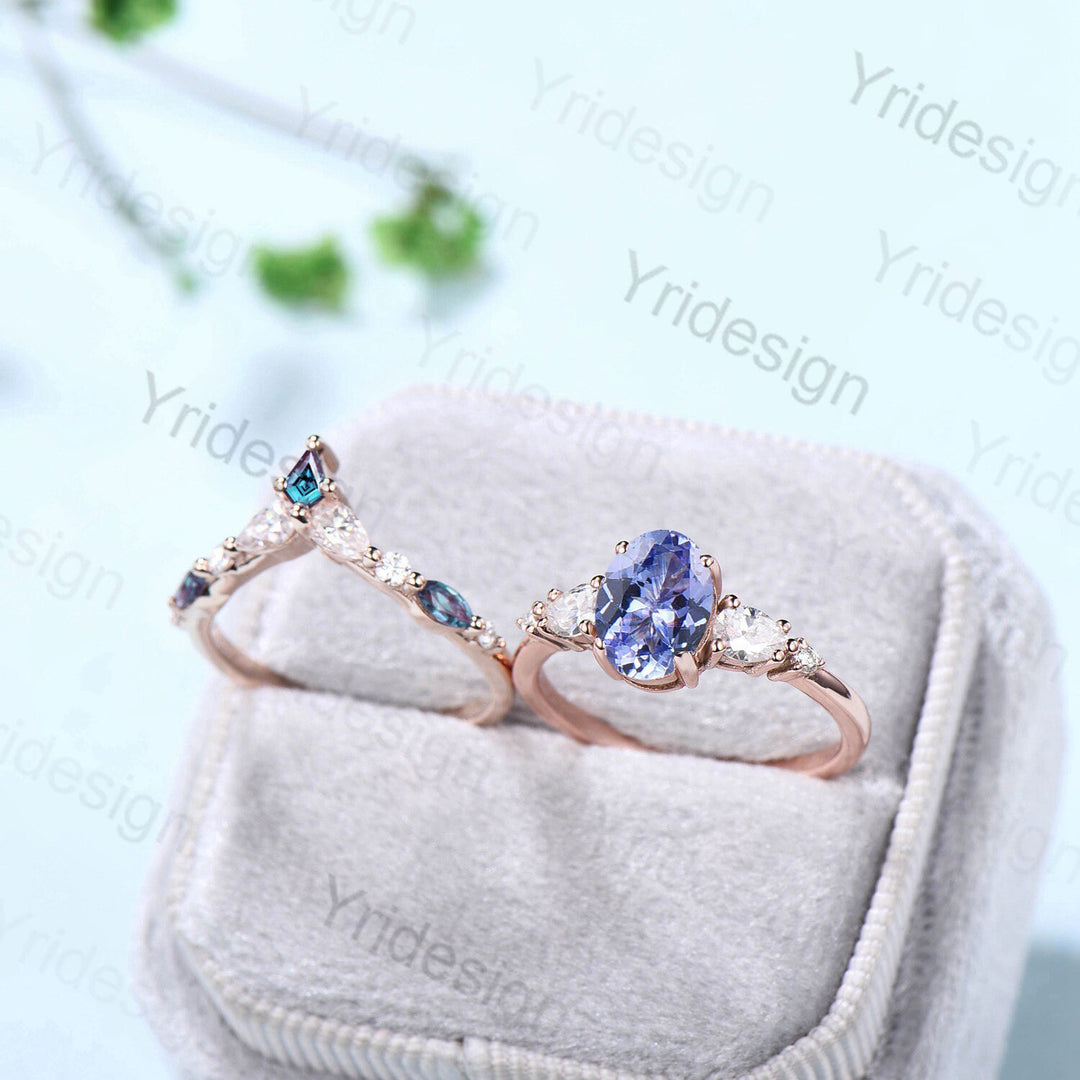 Vintage Oval Tanzanite engagement ring set unique moissanite alexandrite wedding set crown art deco stacking band Bridal Promise ring Women - PENFINE