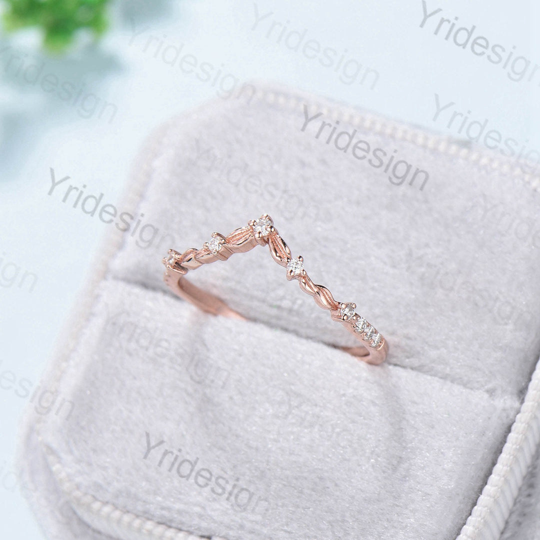 Curved V wedding band rose gold twisted diamond matching band for women unique art deco stacking ring moissanite matching stacking band - PENFINE