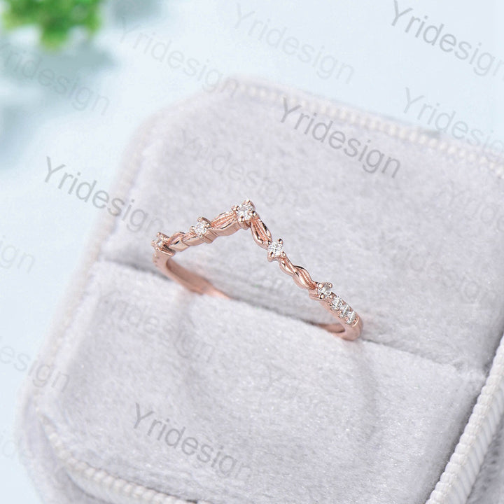 Curved V wedding band rose gold twisted diamond matching band for women unique art deco stacking ring moissanite matching stacking band - PENFINE