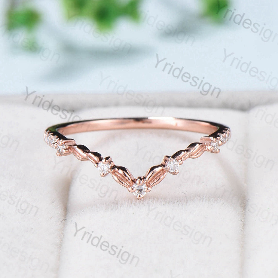 Curved V wedding band rose gold twisted diamond matching band for women unique art deco stacking ring moissanite matching stacking band - PENFINE