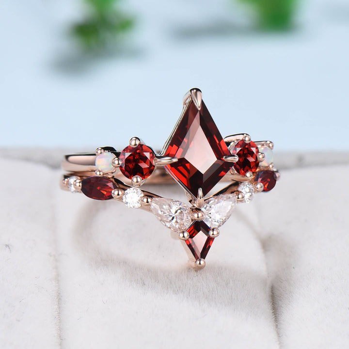 Vintage Kite Cut Garnet Ring Unique Five Stone Red Garnet Engagement Ring Set Unique Art Deco Opal Moissanite Stacking Bridal Set Women Gift - PENFINE