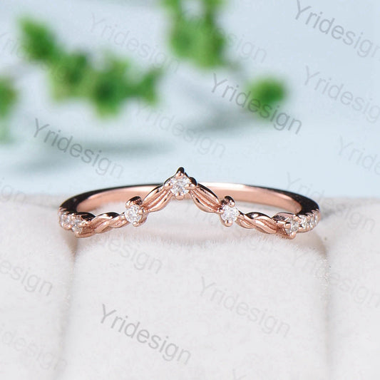 Curved V wedding band rose gold twisted diamond matching band for women unique art deco stacking ring moissanite matching stacking band