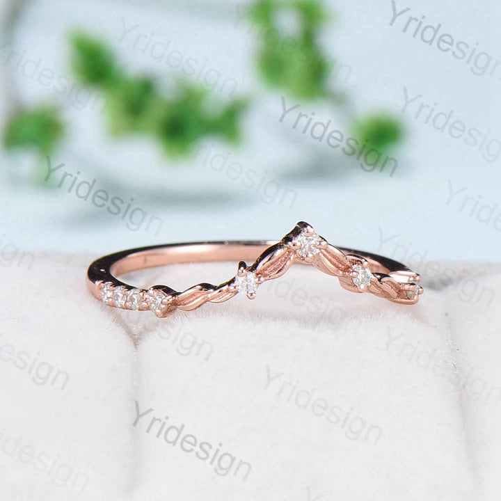 Curved V wedding band rose gold twisted diamond matching band for women unique art deco stacking ring moissanite matching stacking band - PENFINE