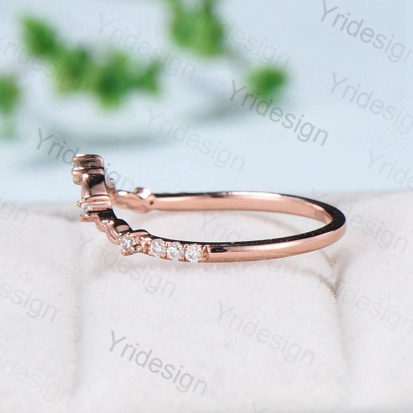 Curved V wedding band rose gold twisted diamond matching band for women unique art deco stacking ring moissanite matching stacking band - PENFINE