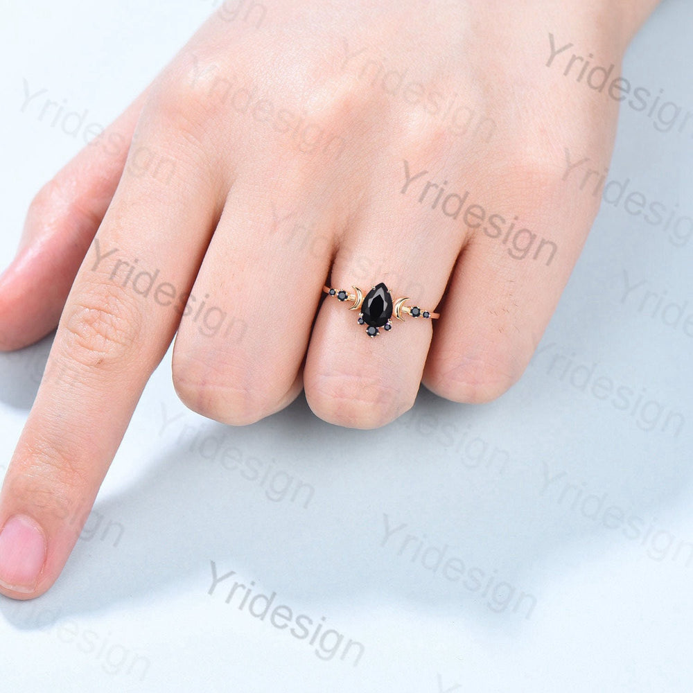 Vintage black onyx engagement ring rose gold Moon pear shaped antique black stone promise ring art deco diamond wedding ring for women - PENFINE