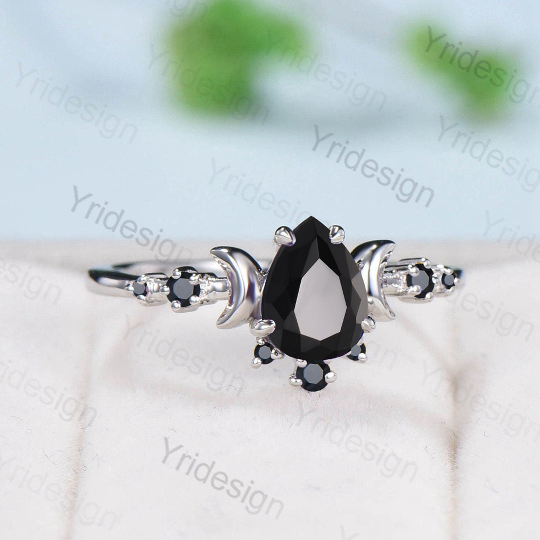 Vintage black onyx engagement ring rose gold Moon pear shaped antique black stone promise ring art deco diamond wedding ring for women - PENFINE