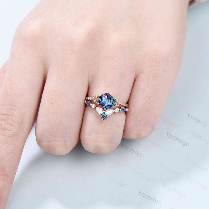 Nature Inspired Alexandrite Ring Vintage Unique Color Change Leaf Engagement Ring Art Deco Floral Flower Moissanite Wedding Set For Women - PENFINE
