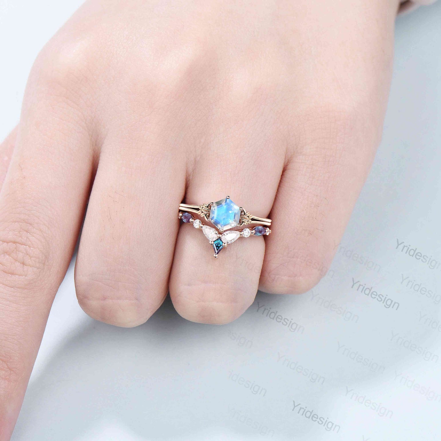 Nature Inspired Moonstone Ring Rainbow Blue Moonstone Engagement Ring Split Shank Art Deco Leaf Alexandrite Moissanite Wedding Set For Women - PENFINE