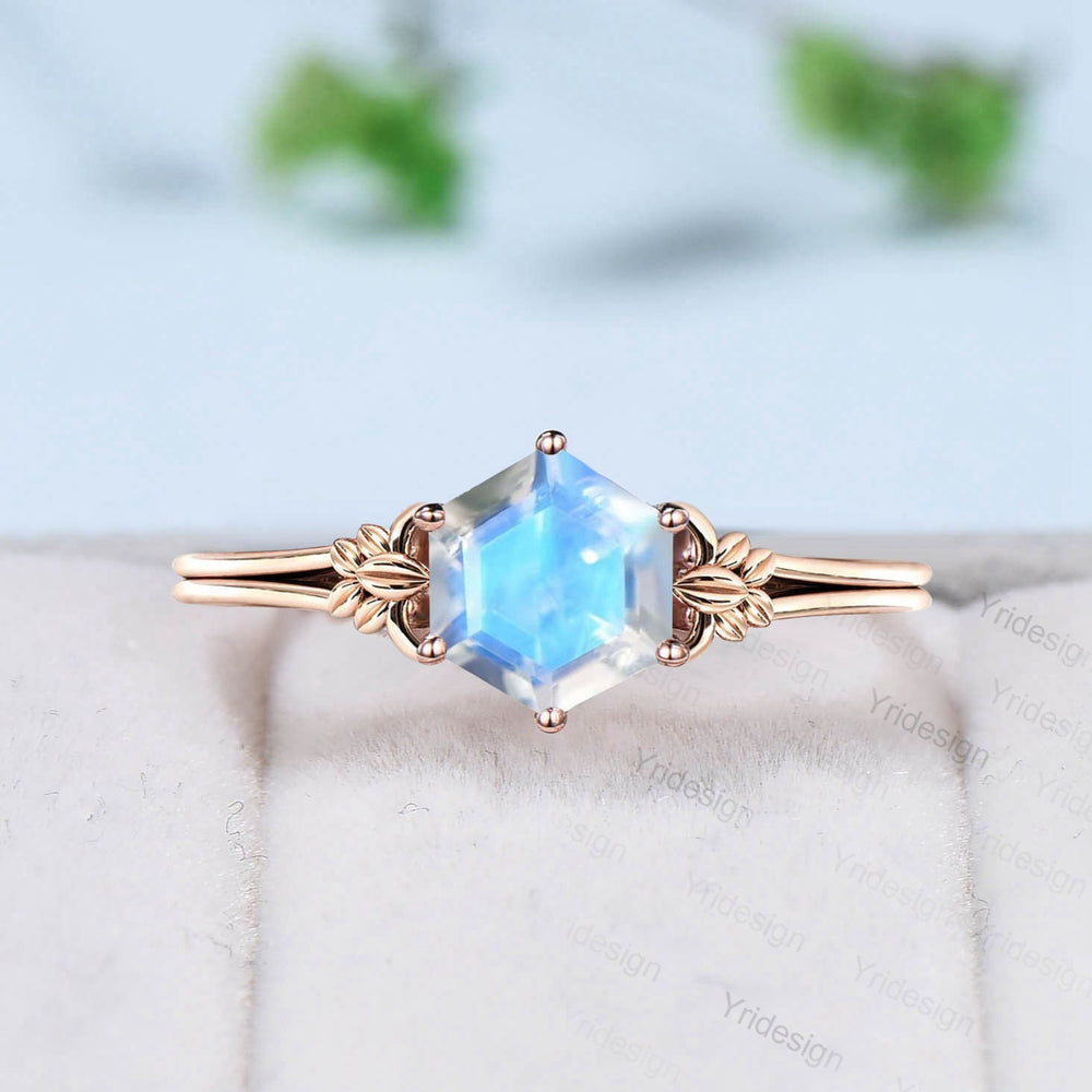 Nature Inspired Moonstone Ring Rainbow Blue Moonstone Engagement Ring Split Shank Art Deco Leaf Alexandrite Moissanite Wedding Set For Women - PENFINE