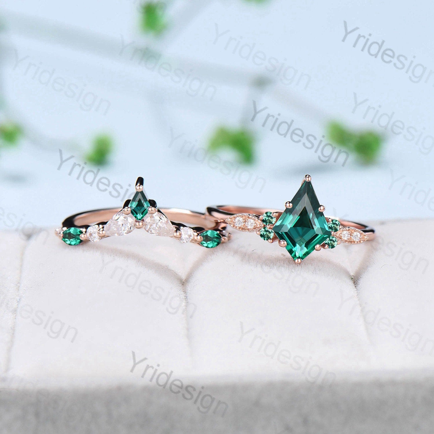 Vintage Kite Cut Emerald Ring For Women Silver Rose Gold Unique Lab Emerald Engagement Ring Art Deco Marquise Milgrain Wedding Ring Set - PENFINE