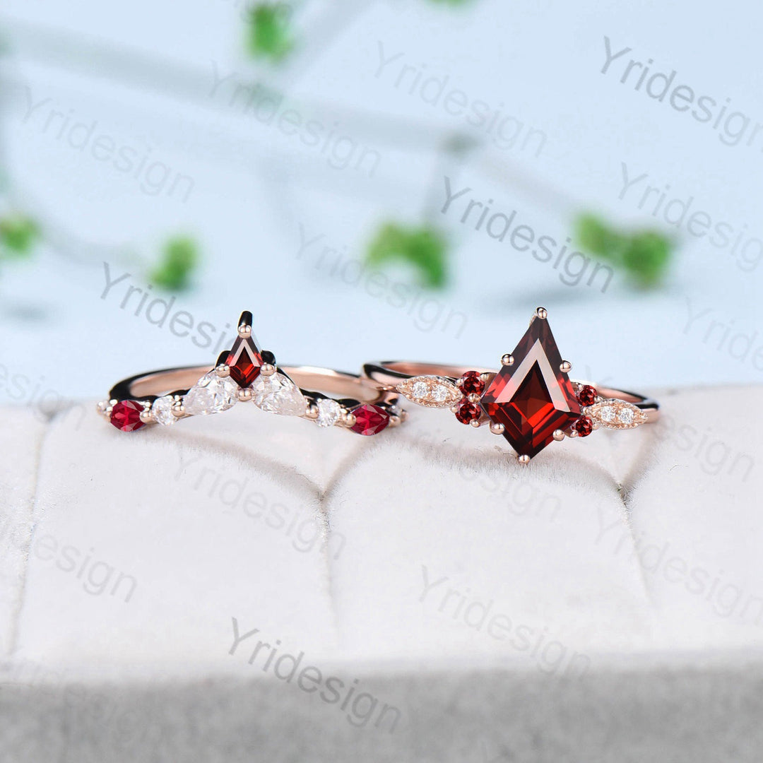 Vintage Kite Cut Garnet Ring For Women Silver Rose Gold Unique Natural Garnet Engagement Ring Art Deco Marquise Milgrain Wedding Ring Set - PENFINE