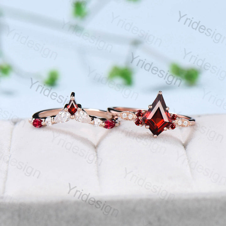 Vintage Kite Cut Garnet Ring For Women Silver Rose Gold Unique Natural Garnet Engagement Ring Art Deco Marquise Milgrain Wedding Ring Set - PENFINE