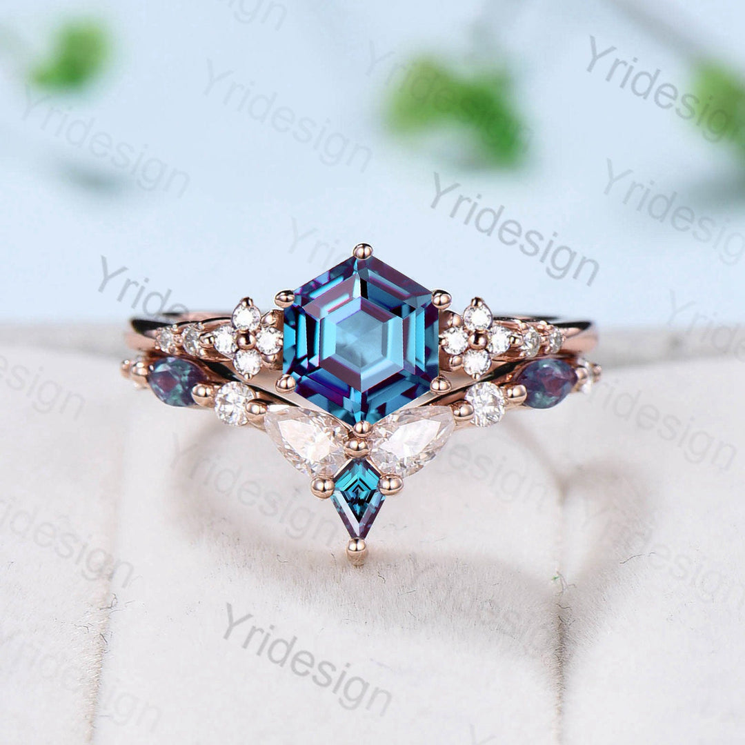 Vintage Hexagon Alexandrite Ring Set Silver Rose Gold Color Change Leaf Flower Moissanite Engagement Ring Art Deco Wedding Set For Women - PENFINE