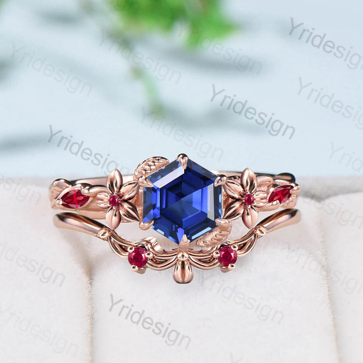 Elegant Hexagon cut sapphire engagement ring set Nature Inspired leaf sapphire ruby wedding ring for women cluster leaf flower bridal set - PENFINE