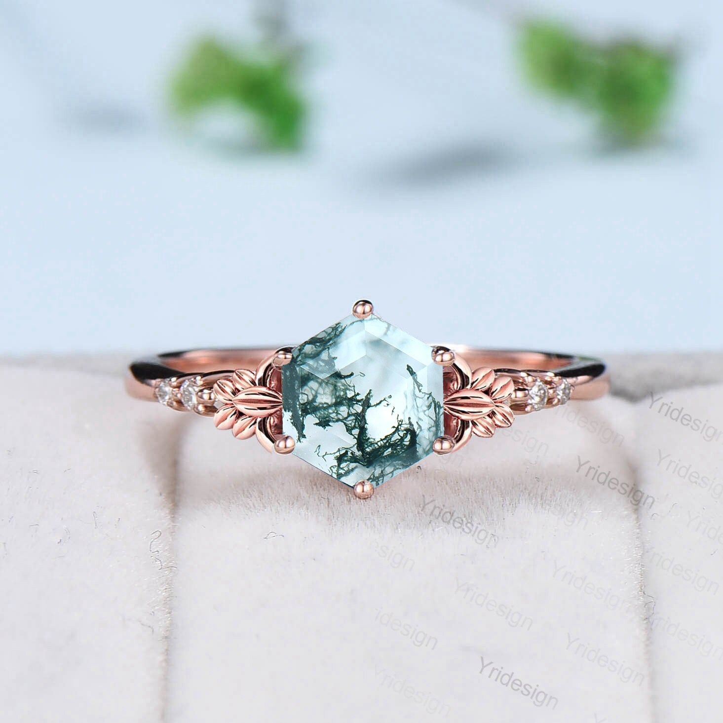 Nature Inspired Moss Agate Ring Vintage Unique Green Agate Leaf Floral Engagement Ring Art Deco Leaves Flower Emerald Wedding Set For Women - PENFINE