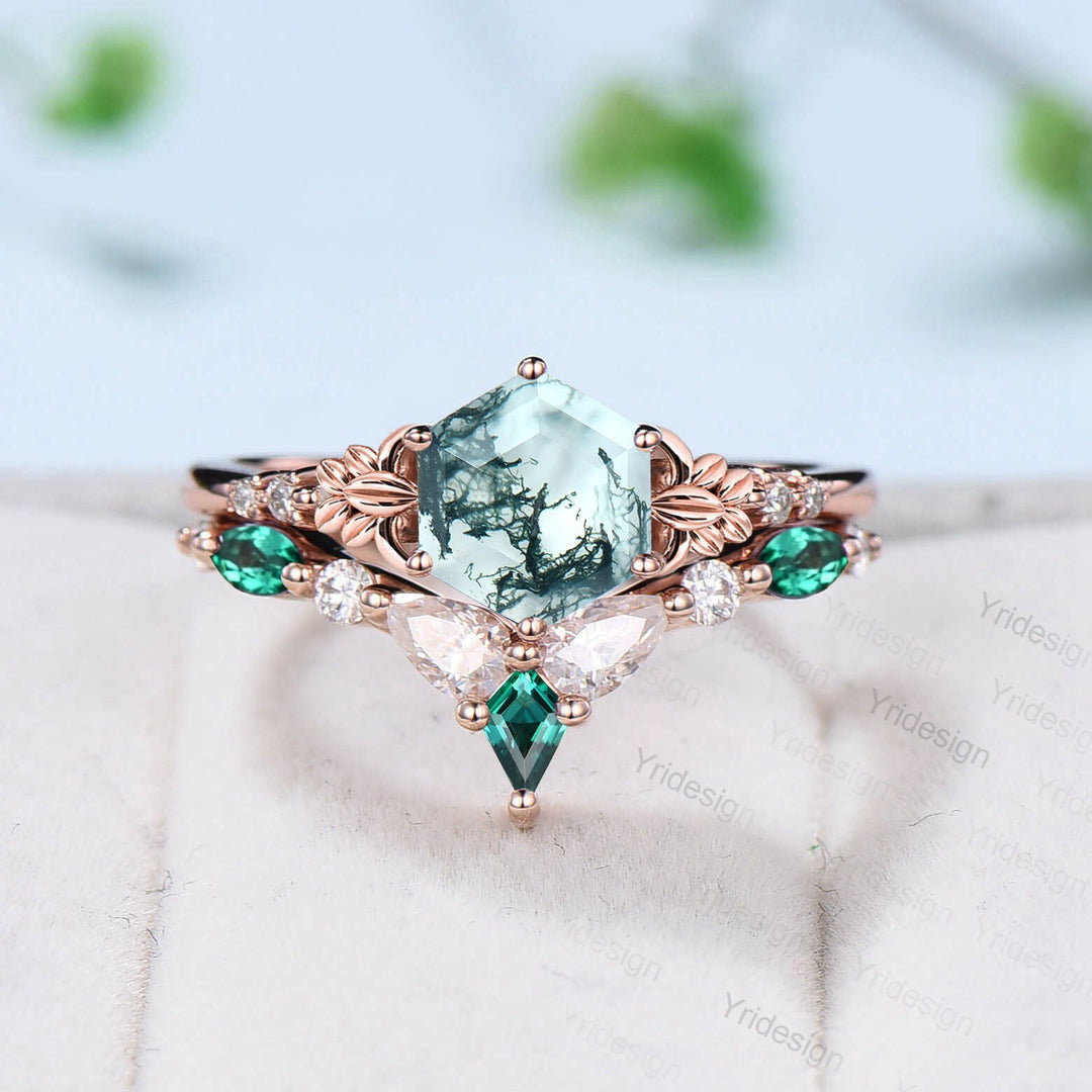 Nature Inspired Moss Agate Ring Vintage Unique Green Agate Leaf Floral Engagement Ring Art Deco Leaves Flower Emerald Wedding Set For Women - PENFINE