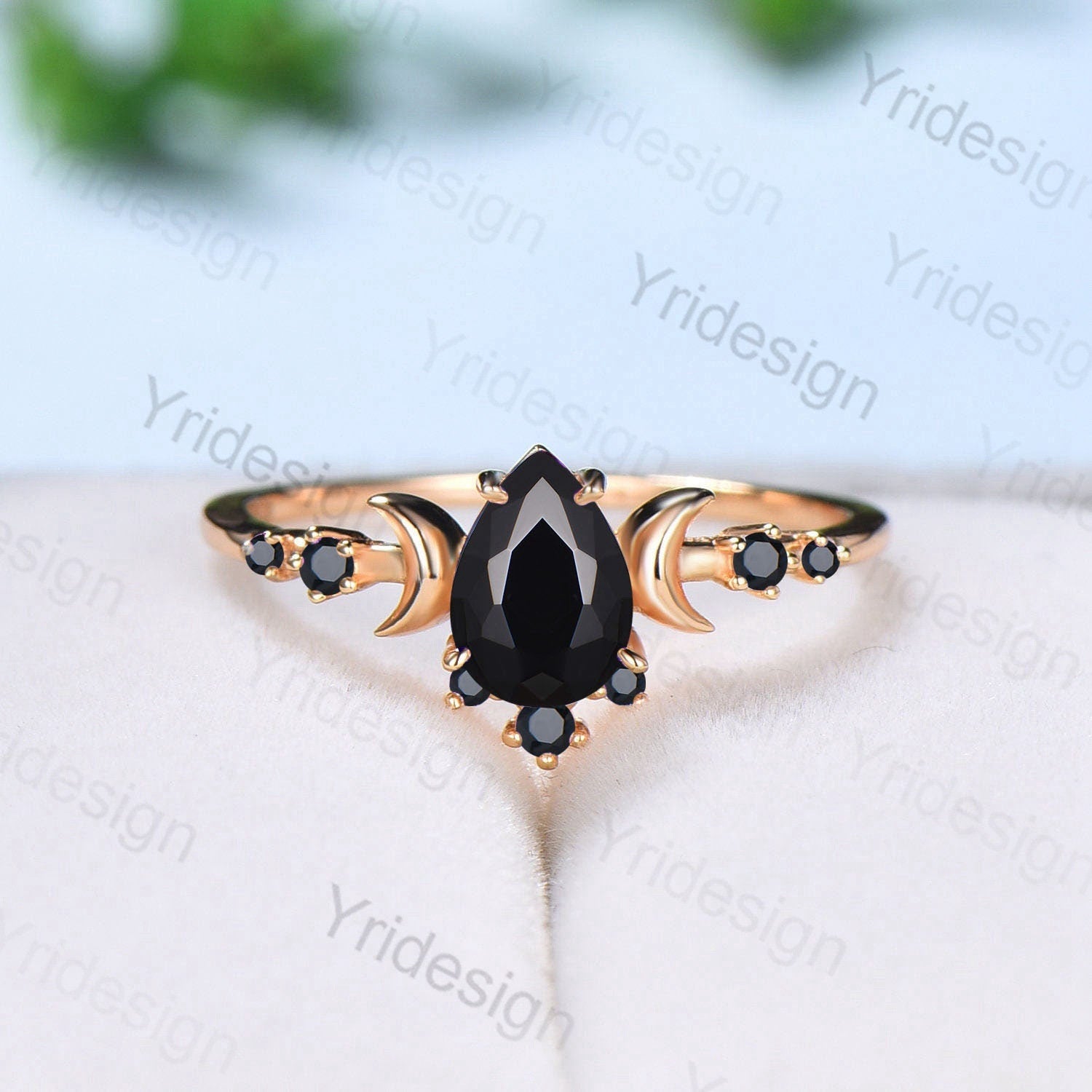 Vintage black onyx engagement ring rose gold Moon pear shaped antique black stone promise ring art deco diamond wedding ring for women - PENFINE