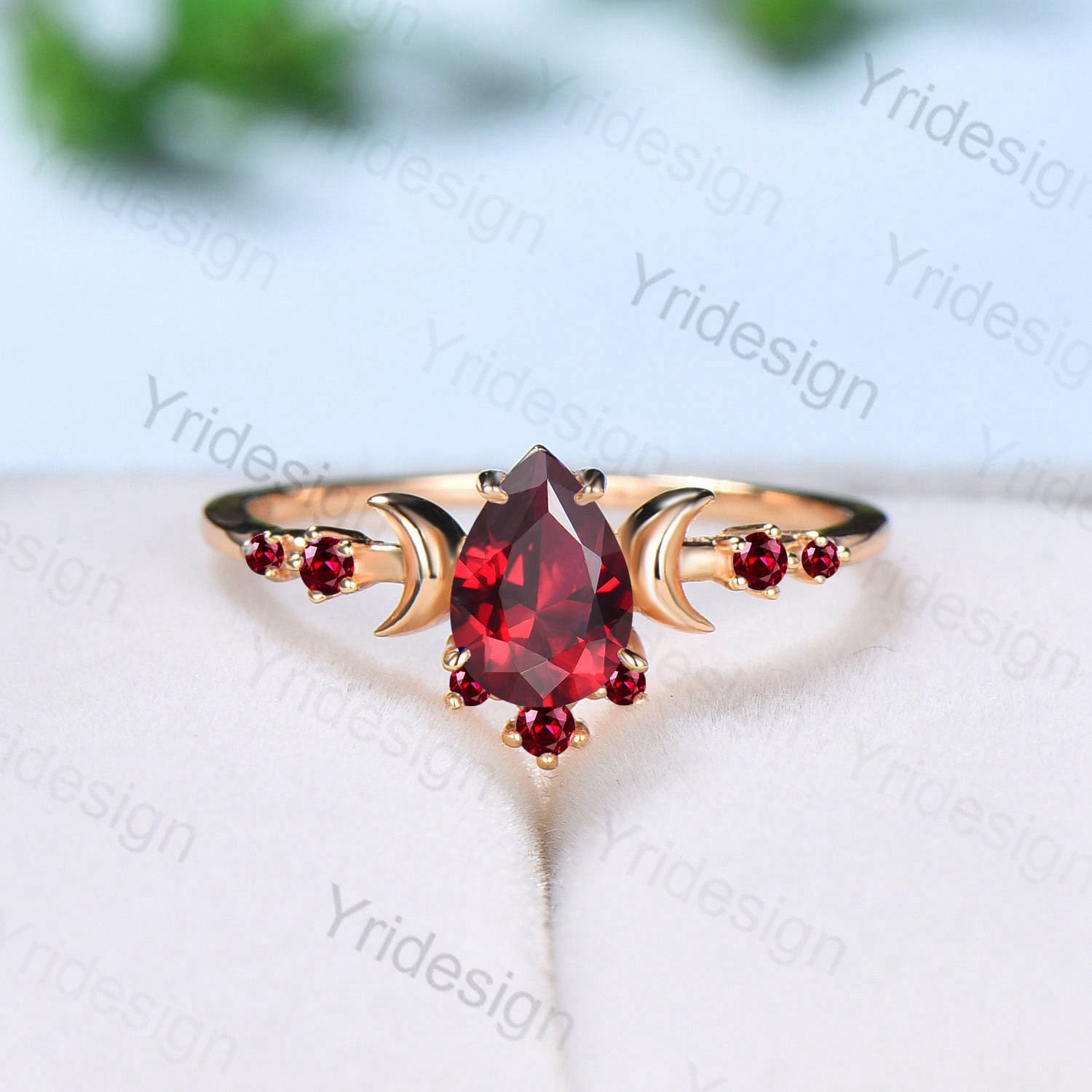 Vintage Pear Shaped Red Ruby Engagement Ring Unique Crescent moon Lab –  PENFINE
