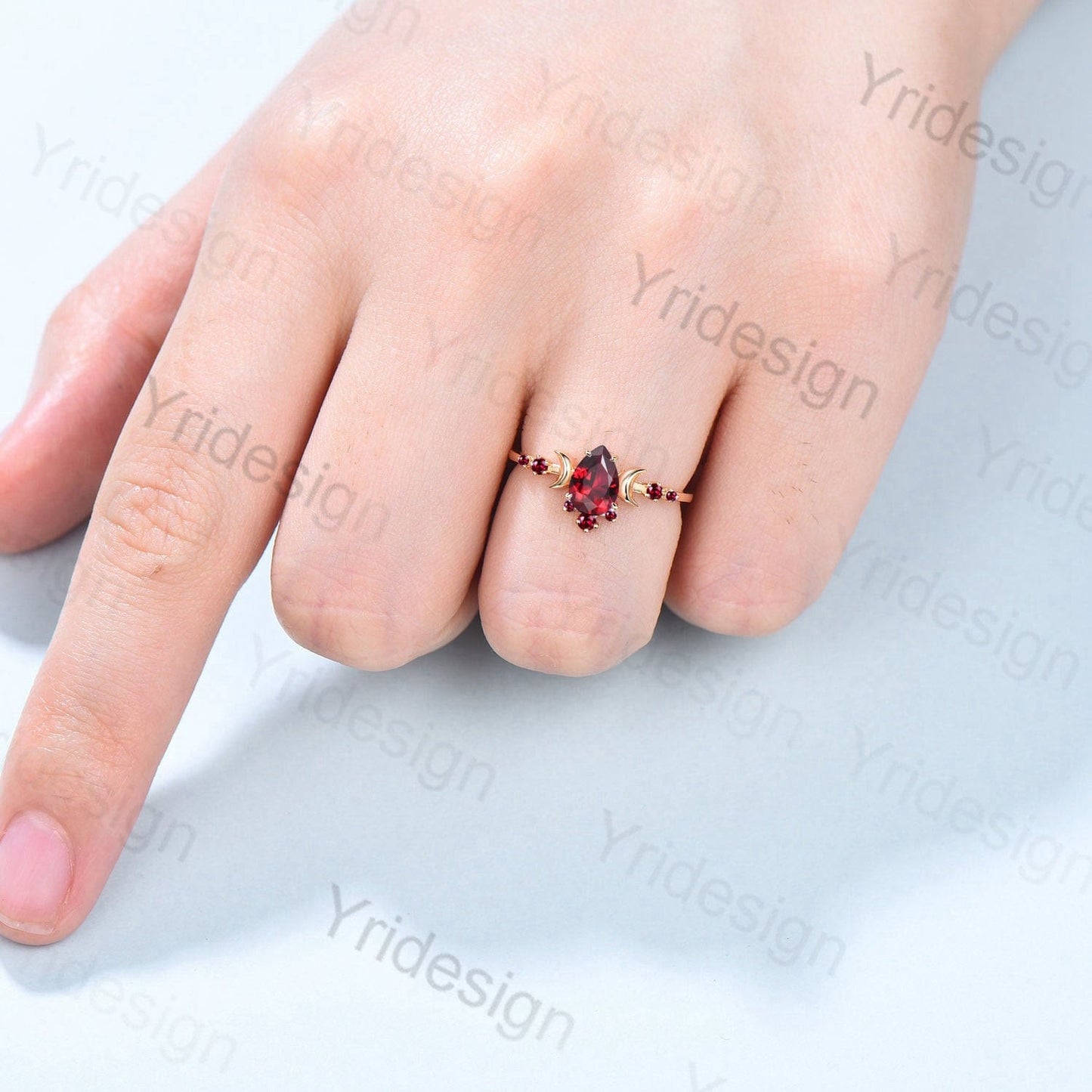 Vintage Pear Shaped Red Ruby Engagement Ring Unique Crescent moon Lab Ruby magic gold wedding ring women celestial anniversary gift for her - PENFINE