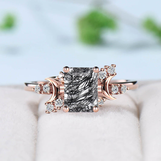 Vintage black rutilated quartz engagement ring emerald cut unique crescent moon gold promise ring cluster moissanite wedding gift for Women - PENFINE
