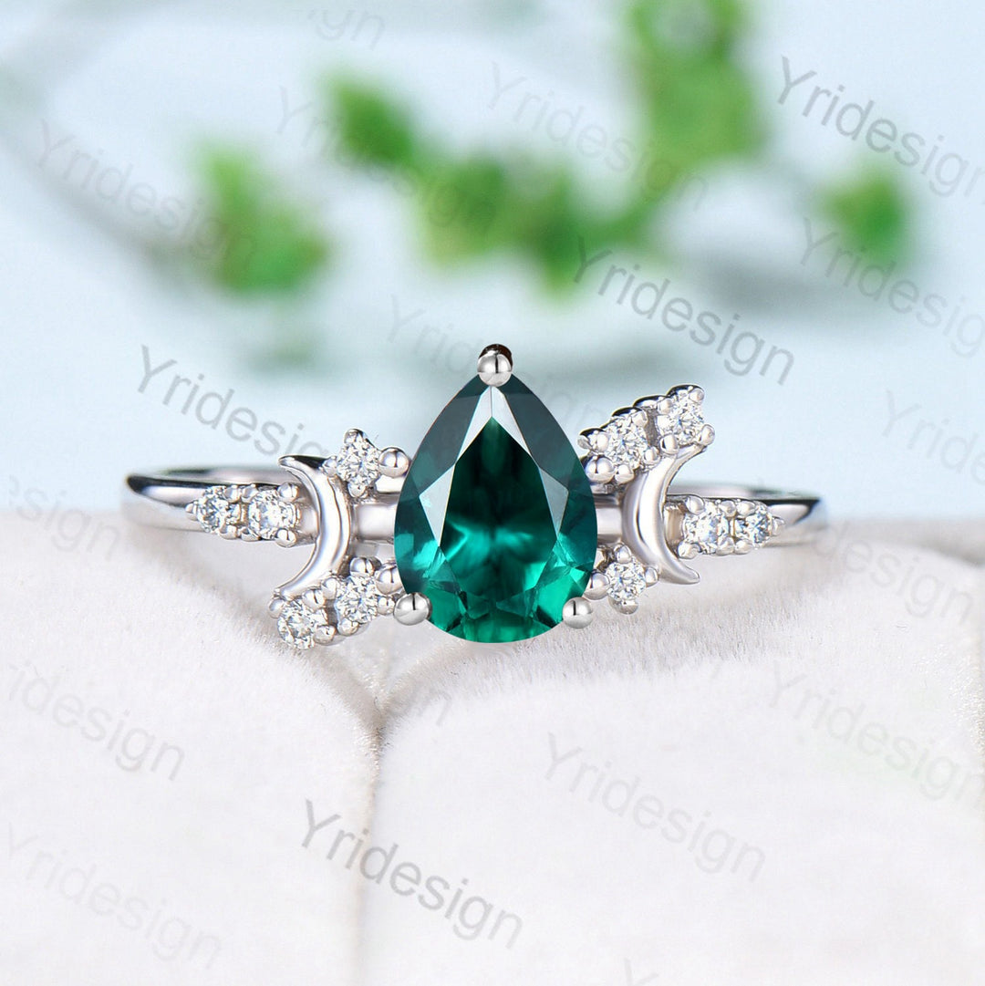 Vintage emerald engagement ring crescent moon pear shaped green gemstone promise ring Unique cluster moissanite anniversary gift for Women - PENFINE