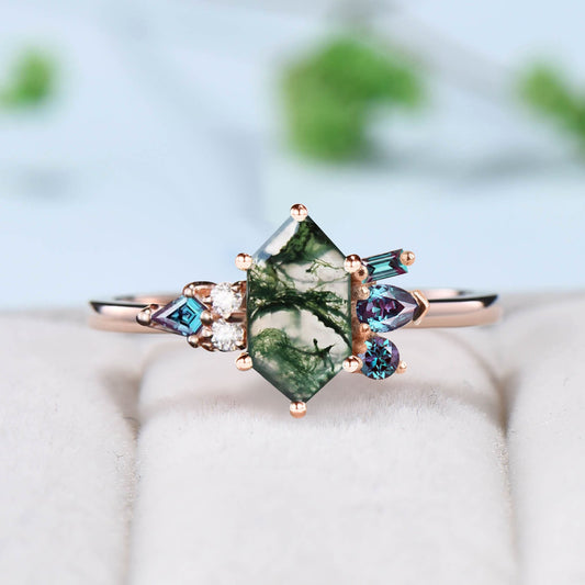 Vintage Long hexagon cut moss agate ring Unique Green Agate engagement ring cluster alexandrite wedding ring art deco proposal gifts women
