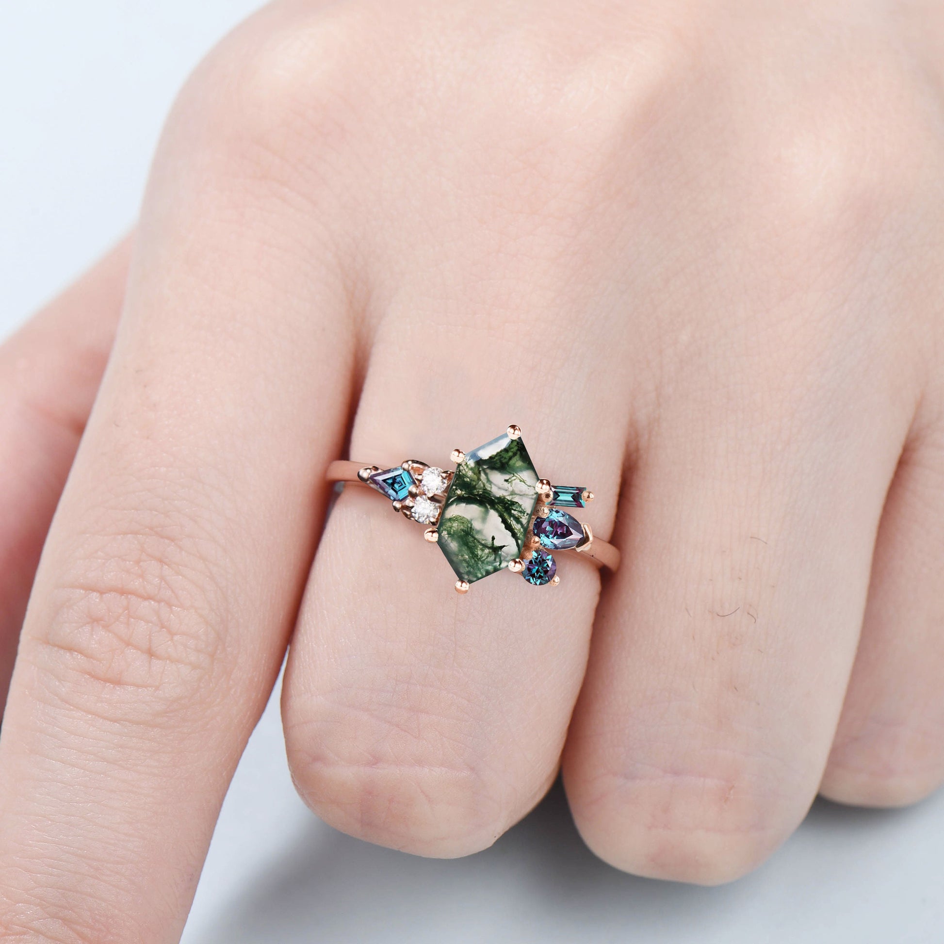 Vintage Long hexagon cut moss agate ring Unique Green Agate engagement ring cluster alexandrite wedding ring art deco proposal gifts women - PENFINE