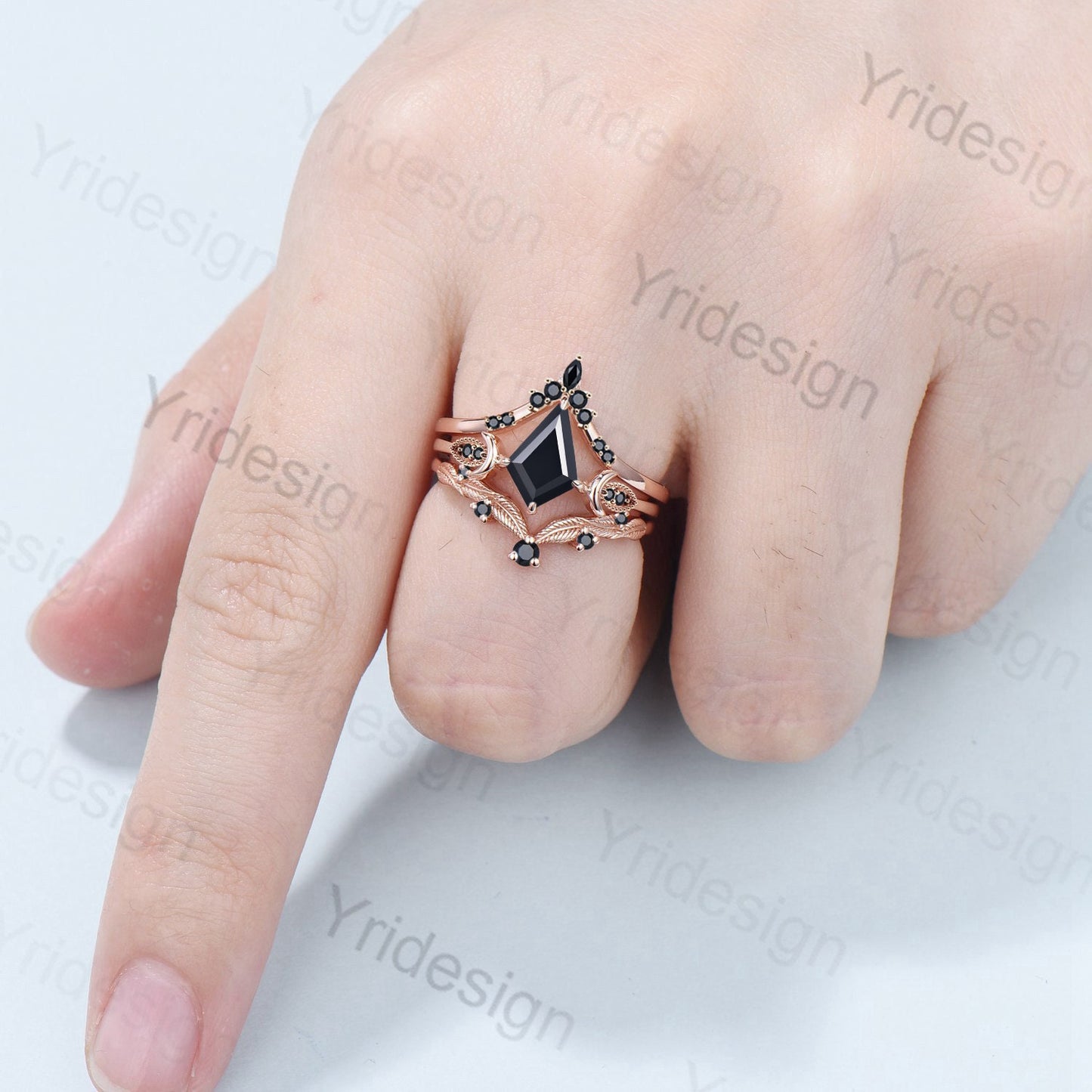 Natural Black Onyx Engagement Ring Set Art Deco Kite Cut Black Gemstone Moon Wedding Ring Set Antique Anniversary Gift For Women Bridal Set - PENFINE