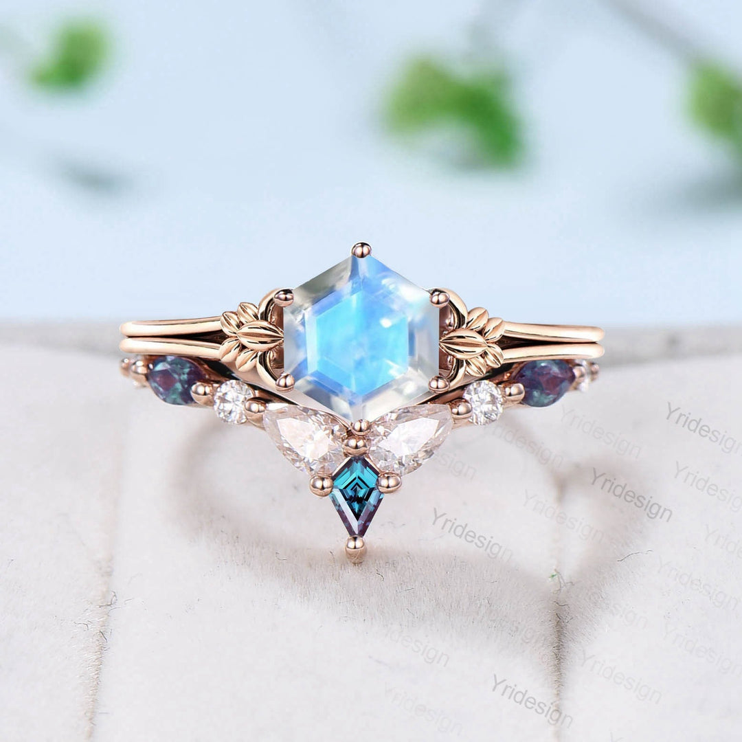 Nature Inspired Moonstone Ring Rainbow Blue Moonstone Engagement Ring Split Shank Art Deco Leaf Alexandrite Moissanite Wedding Set For Women - PENFINE