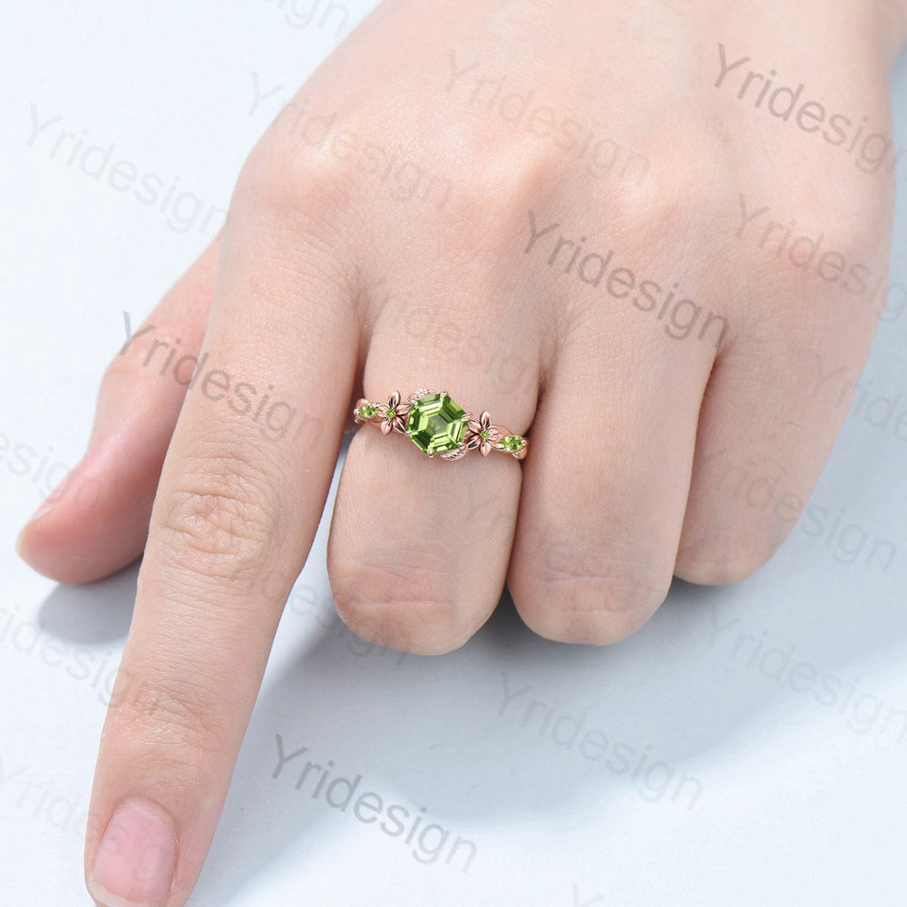 Flower Hexagon Cut Peridot Ring Vintage Unique Floral Green Peridot Engagement Ring Leaves Nature Inspired Twisted Wedding Ring For Women - PENFINE