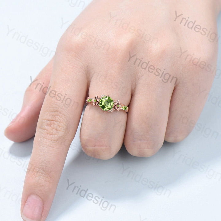 Flower Hexagon Cut Peridot Ring Vintage Unique Floral Green Peridot Engagement Ring Leaves Nature Inspired Twisted Wedding Ring For Women - PENFINE