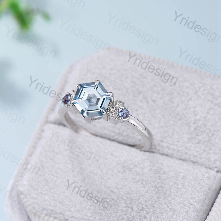 Unique hexagon aquamarine engagement ring Magic celestial moon March birthstone engagement ring vintage crescent wedding ring gift for women - PENFINE