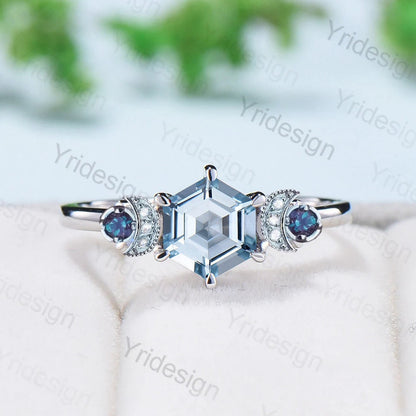 Unique hexagon aquamarine engagement ring Magic celestial moon March birthstone engagement ring vintage crescent wedding ring gift for women - PENFINE