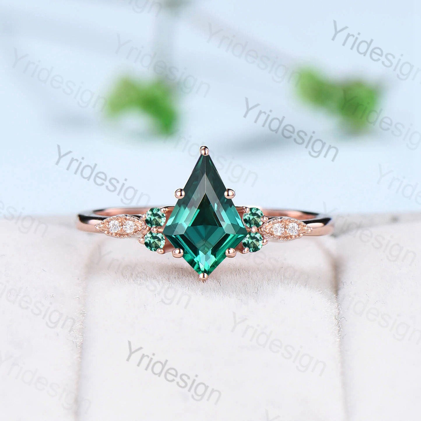 Vintage Kite Cut Emerald Ring For Women Silver Rose Gold Unique Lab Emerald Engagement Ring Art Deco Marquise Milgrain Wedding Ring Set - PENFINE