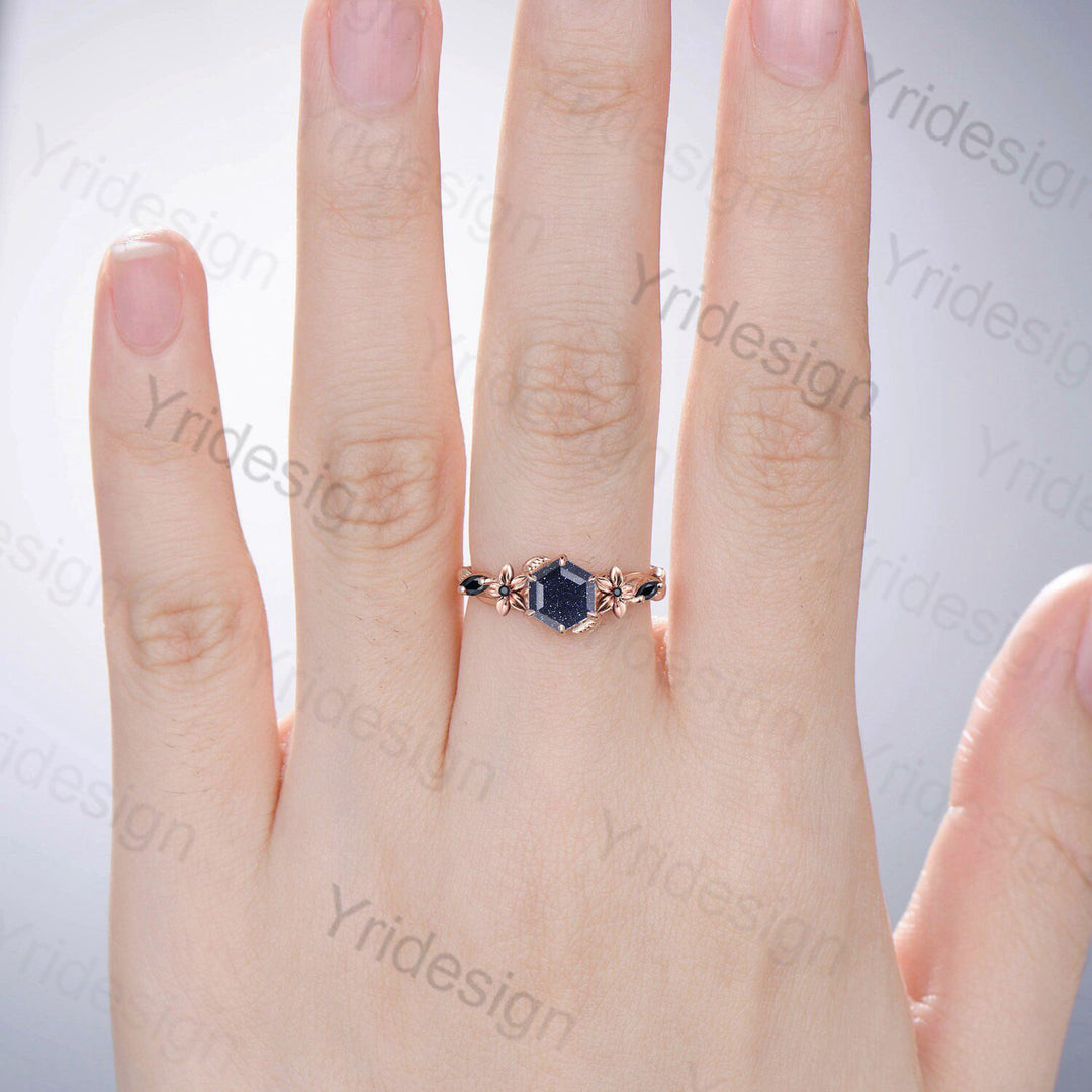 Natural Inspired Blue Sandstone Ring Floral Hexagon Cut Blue Goldstone Engagement Ring Leaves Twisted Black Gemstone Wedding Ring For Women - PENFINE