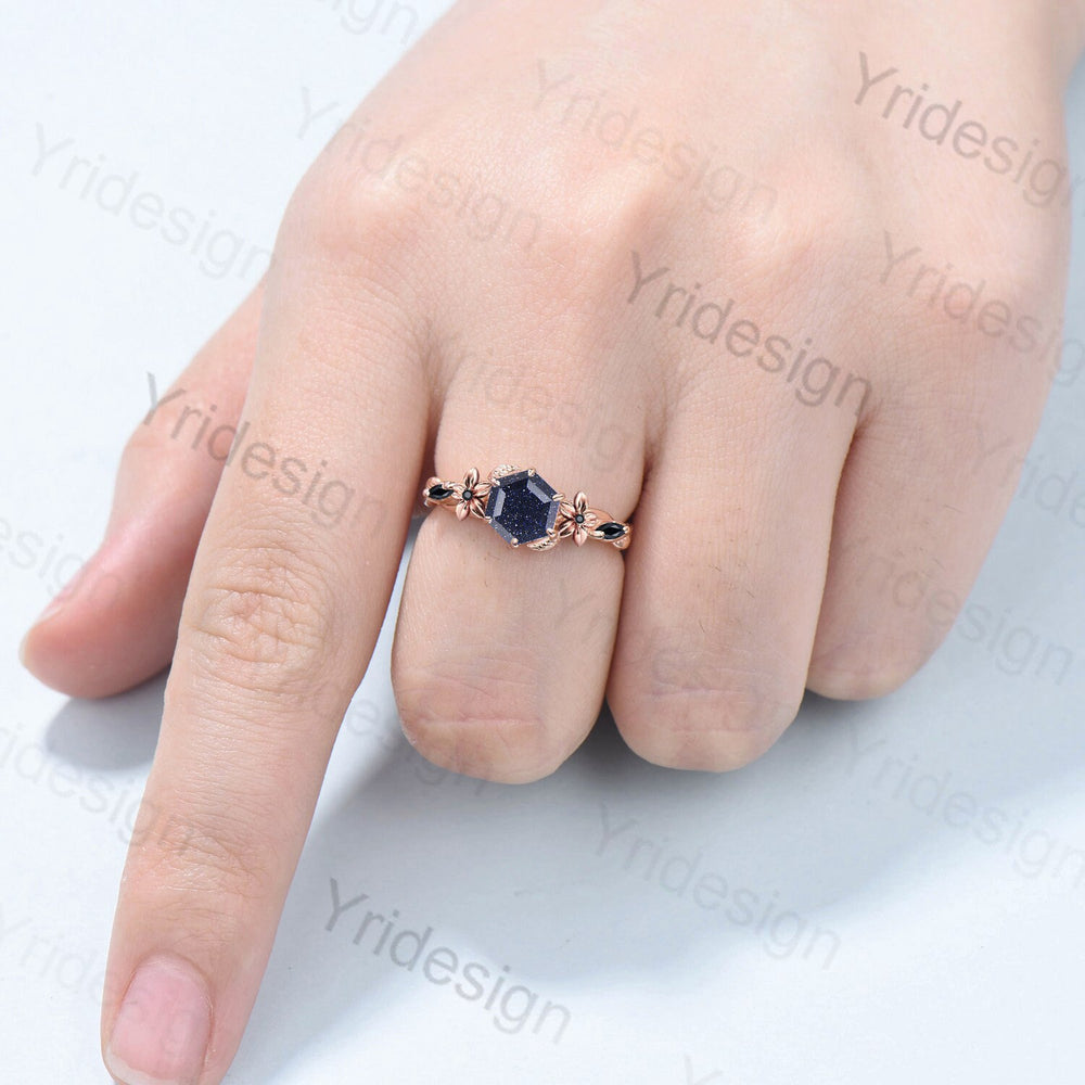 Natural Inspired Blue Sandstone Ring Floral Hexagon Cut Blue Goldstone Engagement Ring Leaves Twisted Black Gemstone Wedding Ring For Women - PENFINE