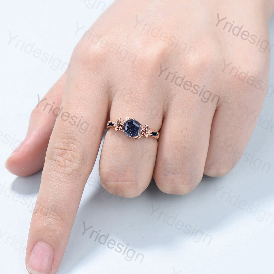 Natural Inspired Blue Sandstone Ring Floral Hexagon Cut Blue Goldstone Engagement Ring Leaves Twisted Black Gemstone Wedding Ring For Women - PENFINE