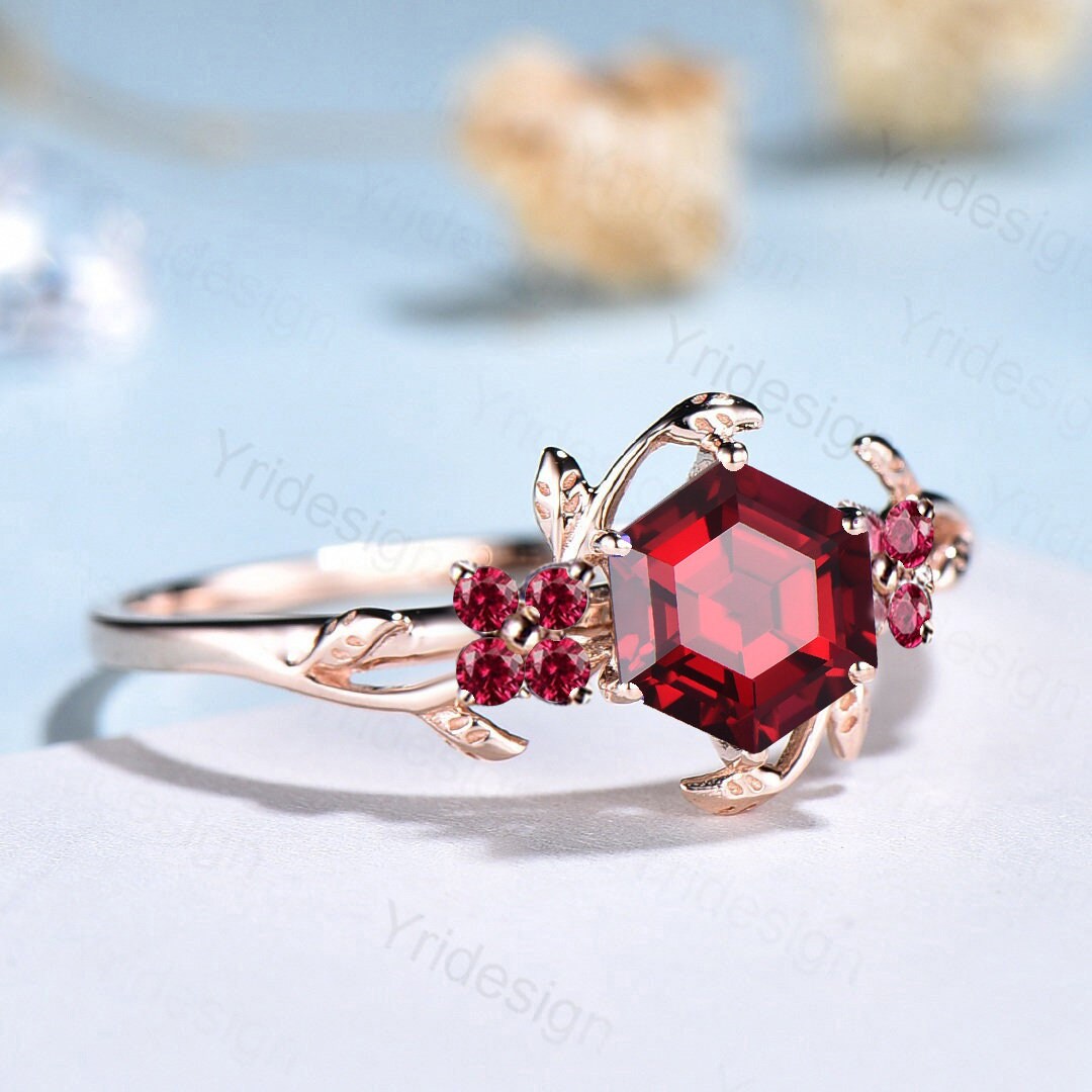 Floral Leaves Ruby Ring Unique Nature Inspired Red Ruby Leaf Engagement Ring Vintage Branch Crystal Wedding Ring Women July Birthstone Gift - PENFINE