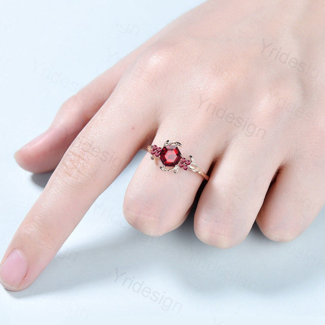 Floral Leaves Ruby Ring Unique Nature Inspired Red Ruby Leaf Engagement Ring Vintage Branch Crystal Wedding Ring Women July Birthstone Gift - PENFINE