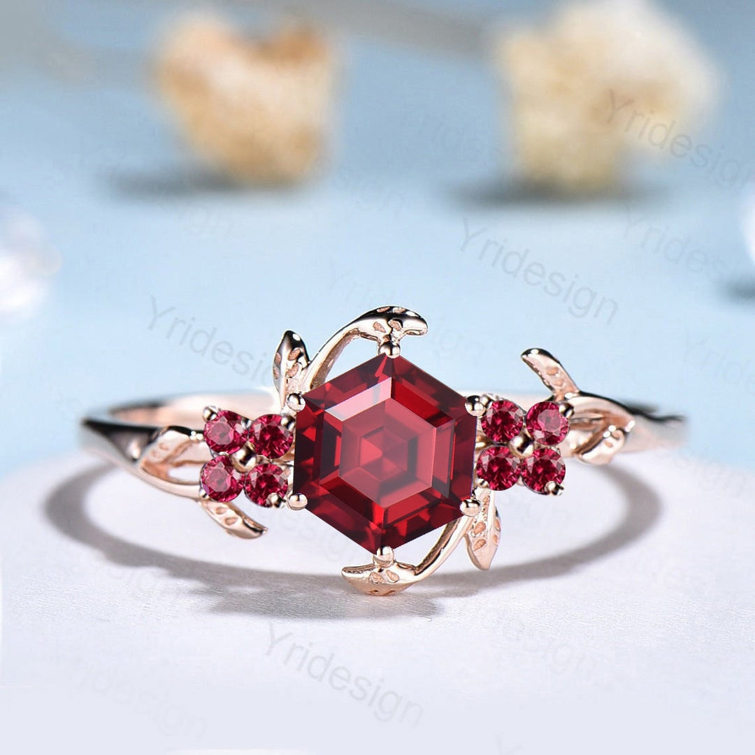 Floral Leaves Ruby Ring Unique Nature Inspired Red Ruby Leaf Engagement Ring Vintage Branch Crystal Wedding Ring Women July Birthstone Gift - PENFINE