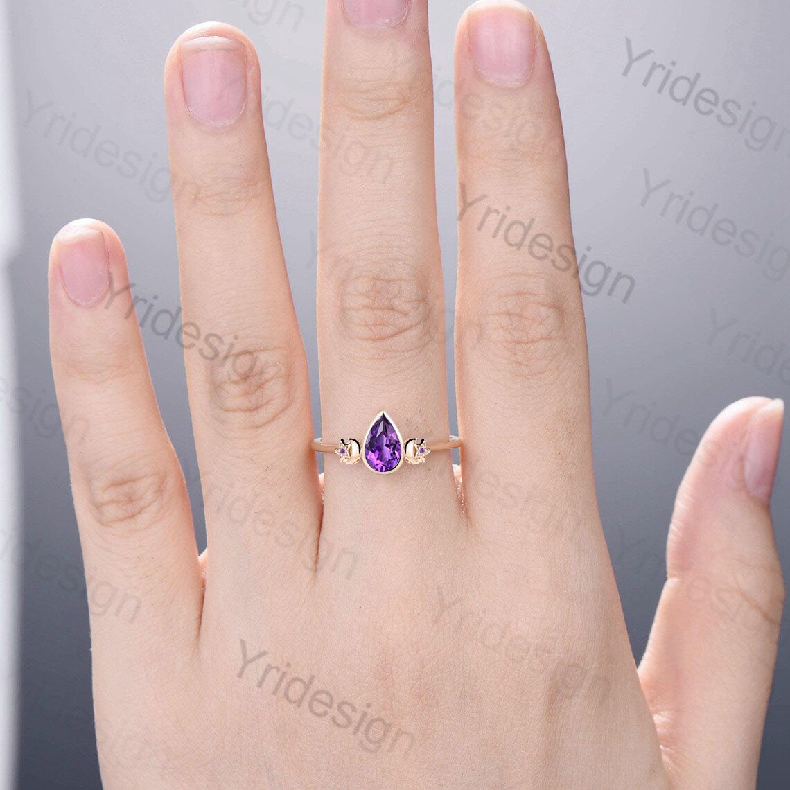 Vintage Pear Shaped Amethyst Engagement Ring Unique moon star bezel set purple crystal silver rose gold wedding ring for women birthday gift - PENFINE