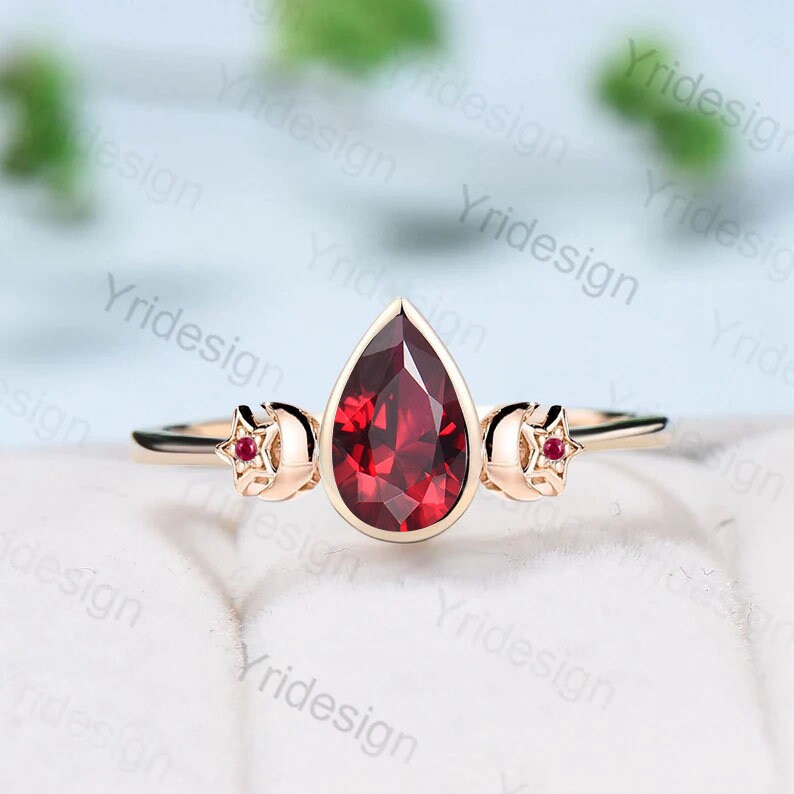 Vintage Pear Shaped Ruby Engagement Ring Unique moon star bezel set lab ruby crystal silver rose gold wedding ring for women birthday gift - PENFINE